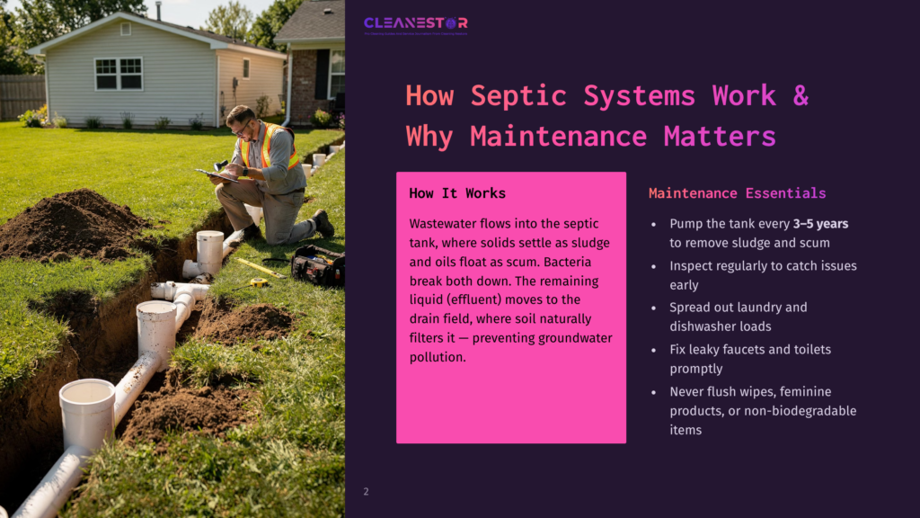 A Man In A Vest And Hard Hat Inspects A Septic Tank Excavation With Exposed Pipes In A Grassy Yard, With Text Overlay &Quot;How Septic Systems Work &Amp; Why Maintenance Matters&Quot;.