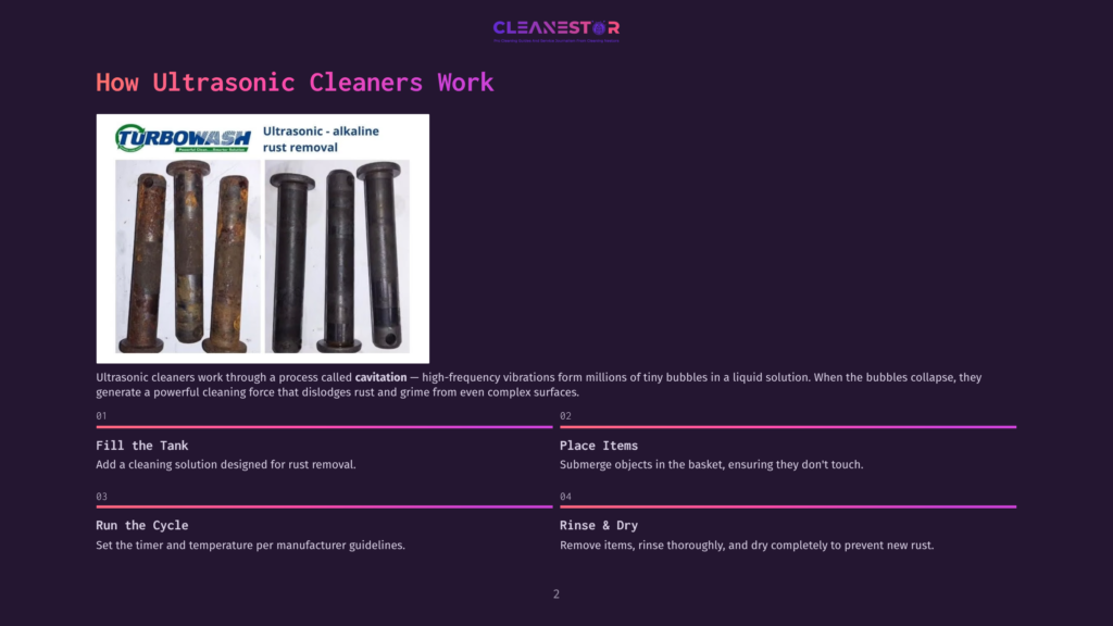 2 How Ultrasonic Cleaners Work Ultrasonic Cleaner With A Basket Of Heavily Rusted Metal Rods, Next To A &Quot;Turbowash Ultrasonic Rust Removal&Quot; Label.
