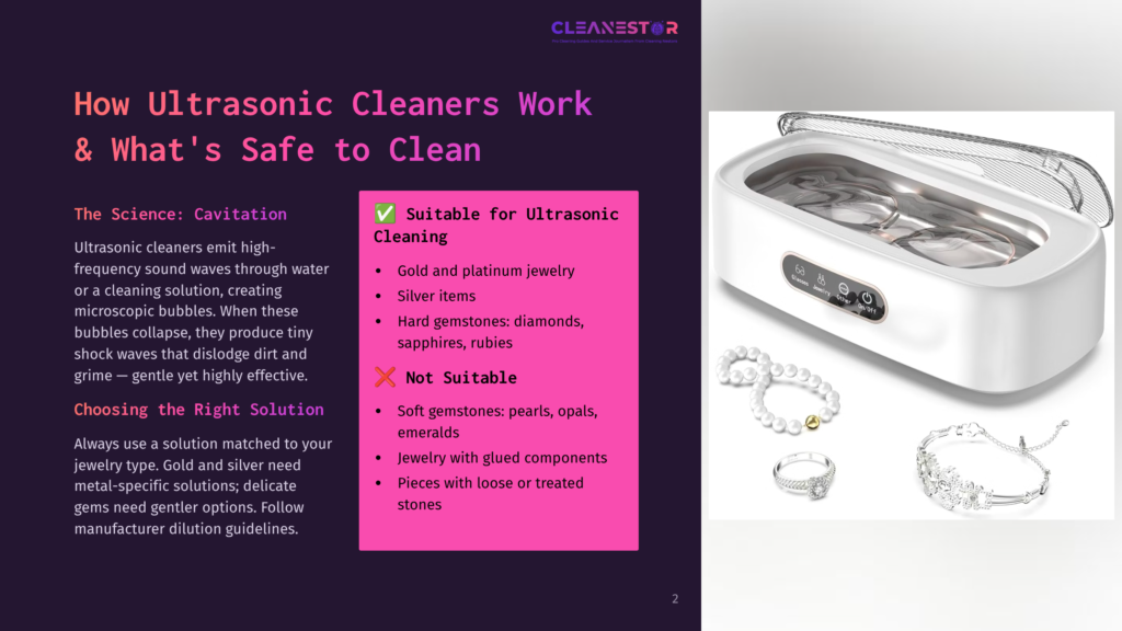 A White Ultrasonic Cleaner Sits On A White Surface, With Jewelry Like A Pearl Necklace, A Ring, And A Bracelet Displayed In Front. Text On The Left Describes How Ultrasonic Cleaners Work And What They Are Safe For, Including Gold, Silver, And Gemstones.