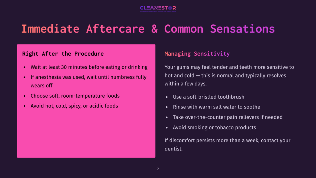 Presentation Slide With Title &Quot;Immediate Aftercare &Amp; Common Sensations&Quot; In Purple Text. Left Side In Pink Highlights &Quot;Right After The Procedure&Quot; With Bullet Points. Right Side In Dark Blue Highlights &Quot;Managing Sensitivity&Quot; With Bullet Points.