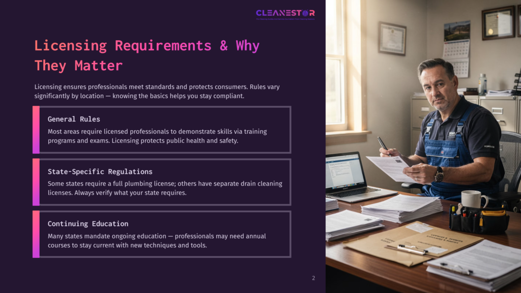 A Professional Plumber In Blue Overalls Sits At A Desk Filled With Paperwork And A Laptop, Reviewing Documents. The Text &Quot;Cleanestor&Quot; Is Visible At The Top Of The Image.
