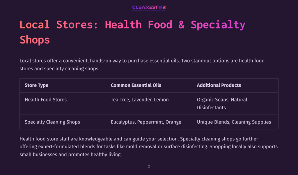 2 Local Stores Health Food And Specialty Shops Cleanestor Logo Above A Table Comparing Health Food Stores And Specialty Cleaning Shops. Text Lists Store Types, Common Essential Oils, And Additional Products.