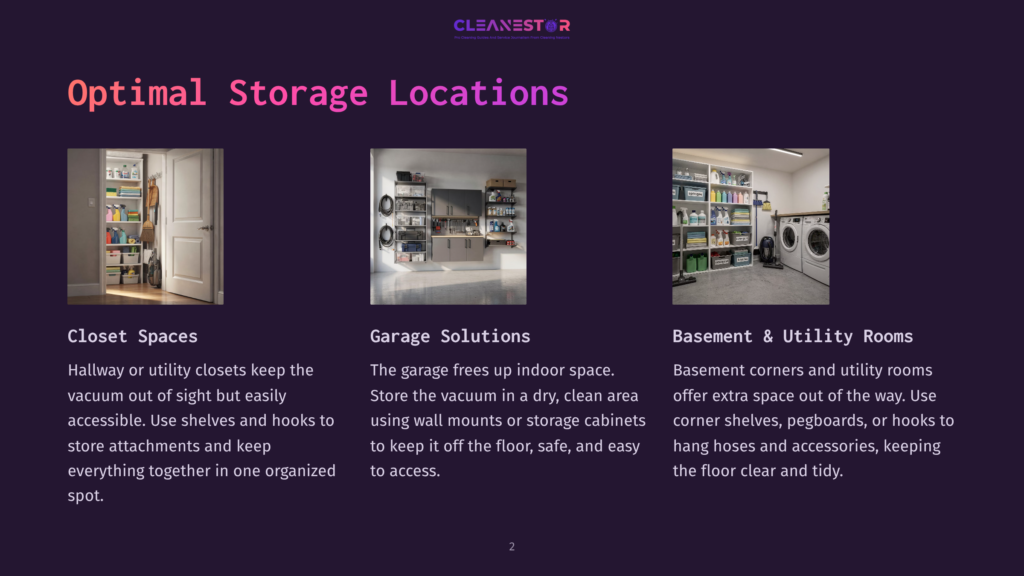 Three Organized Home Storage Solutions: A Neat Closet With Shelves And Hooks, A Tidy Garage With Wall-Mounted Storage, And A Clean Basement Laundry Room With Shelves And Hooks.