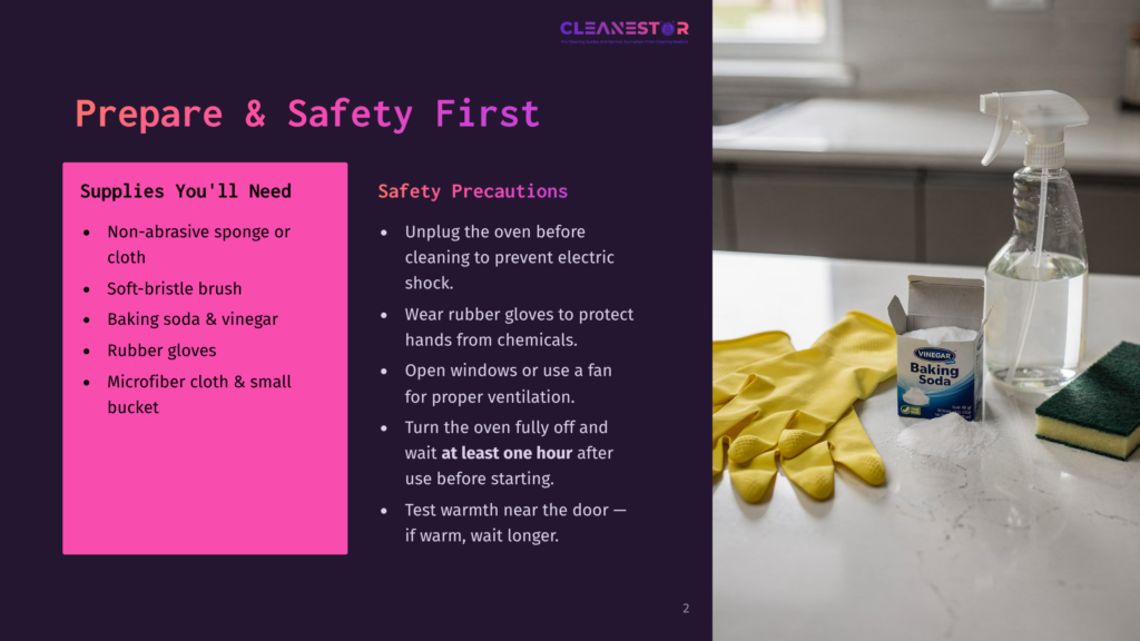 Cleaning Supplies For Oven Cleaning: Baking Soda, Vinegar, Rubber Gloves, Microfiber Cloth, And Sponge. Safety Precautions Are Listed On A Pink Card.