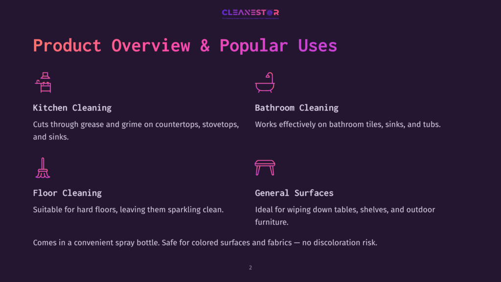 2 Product Overview And Popular Uses Product Overview And Popular Uses Graphic Showing Kitchen Cleaning, Bathroom Cleaning, Floor Cleaning, And General Surfaces, With Icons And Text Descriptions.