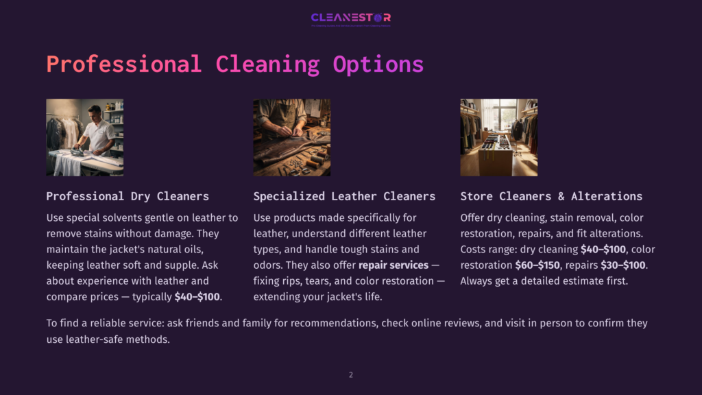 Three Images Showcasing Professional Cleaning Options: A Person Ironing A Jacket, Hands Working On Leather, And A Store Interior With Garments. Text Reads &Quot;Professional Cleaning Options.