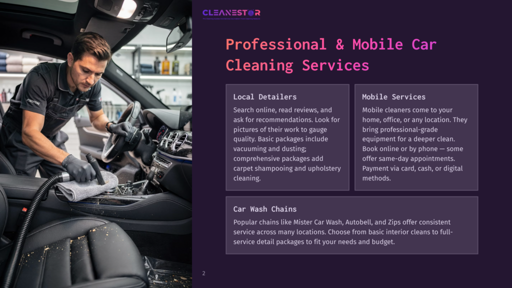 2 Professional And Mobile Car Cleaning Services Professional Car Cleaning Service: A Detailer In A Black Uniform Vacuums The Interior Of A Car, Focusing On The Driver'S Seat Area. The Scene Highlights Meticulous Car Detailing And Cleaning Services.