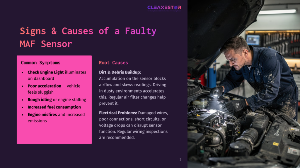 Mechanic Inspecting A Car Engine With A Flashlight, Text On The Left Details &Quot;Signs &Amp; Causes Of A Faulty Maf Sensor&Quot; Including Common Symptoms Like &Quot;Check Engine Light&Quot; And &Quot;Poor Acceleration.