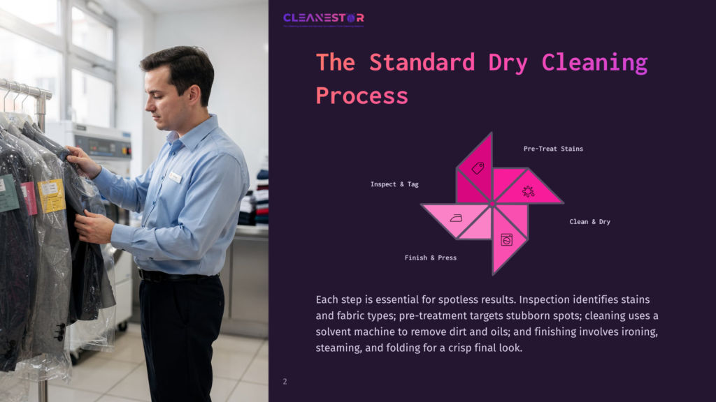 A Male Dry Cleaner Inspects A Suit Hanging On A Rack, With A Graphic Detailing The Standard Dry Cleaning Process On The Right. The Graphic Shows Steps: Inspect &Amp; Tag, Pre-Treat Stains, Clean &Amp; Dry, And Finish &Amp; Press.