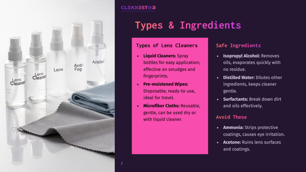 Four Spray Bottles Of Lens Cleaner – Lens Cleaner, Lens Cleaner, Anti-Fog, And Antifog – Stand On A Grey Surface Next To A Folded Grey Microfiber Cloth. The Bottles Are Clear With White Spray Tops And Labels. The Background Is Blurred With A Light Purple Hue.