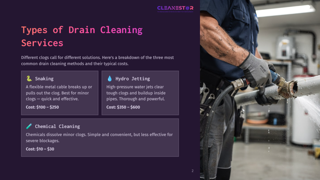 Close-Up Of A Plumber'S Gloved Hands Using A Hydro Jetting Tool To Clear A Clogged Pipe, With Water Spraying Forcefully From The Nozzle. The Image Features Text About Drain Cleaning Services: &Quot;Types Of Drain Cleaning Services,&Quot; &Quot;Snaking,&Quot; &Quot;Hydro Jetting,&Quot; And &Quot;Chemical Cleaning.