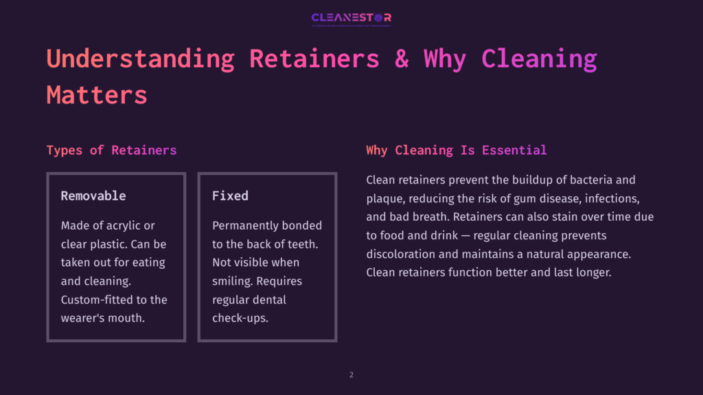 Infographic Titled &Quot;Understanding Retainers &Amp; Why Cleaning Matters&Quot; Comparing Removable And Fixed Retainers, With Text Detailing Their Materials And Care.