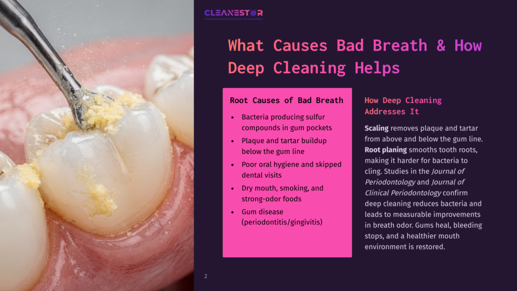 Close-Up Of A Dental Tool Scraping Plaque And Tartar From A Human Tooth, Illustrating Root Causes Of Bad Breath And The Benefits Of Deep Cleaning.