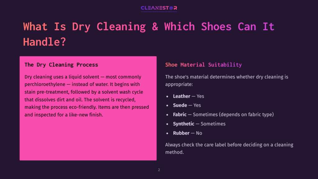 Presentation Slide Titled &Quot;What Is Dry Cleaning &Amp; Which Shoes Can It Handle?&Quot; Detailing The Dry Cleaning Process And Shoe Material Suitability, Including Leather, Suede, Fabric, And Rubber.