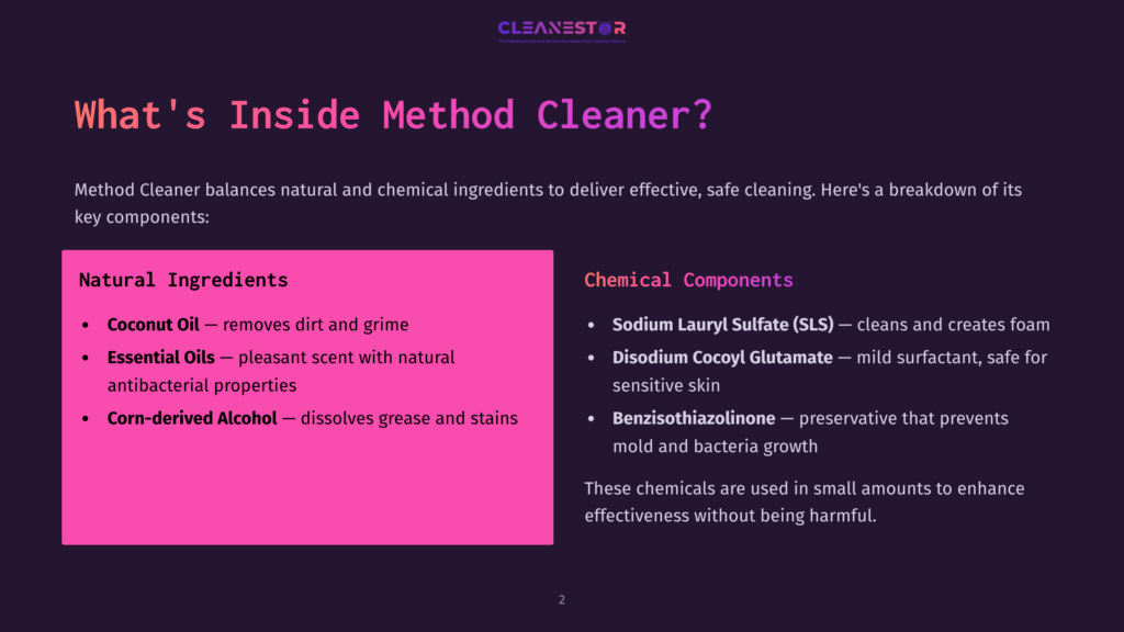 Slide Titled &Quot;What'S Inside Method Cleaner?&Quot; Showing A Breakdown Of Natural Ingredients Like Coconut Oil And Essential Oils, And Chemical Components Like Sodium Lauryl Sulfate (Sls) And Disodium Cocoyl Glutamate.