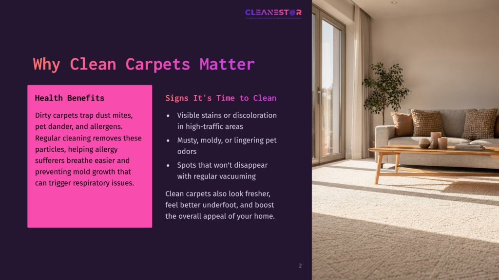 A Bright, Modern Living Room With A Large Window, A Comfortable Sofa, And A Plush Carpet. The Text &Quot;Cleanestor&Quot; Is Visible At The Top, Along With &Quot;Why Clean Carpets Matter&Quot; And Bullet Points On Health Benefits And Signs It'S Time For Cleaning.