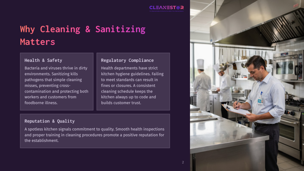2 Why Cleaning And Sanitizing Matters A Chef In A White Hat And Uniform Meticulously Writes On A Clipboard In A Commercial Kitchen, With Other Chefs Working In The Background. The Image Highlights The Importance Of Cleaning And Sanitizing In A Food Establishment.