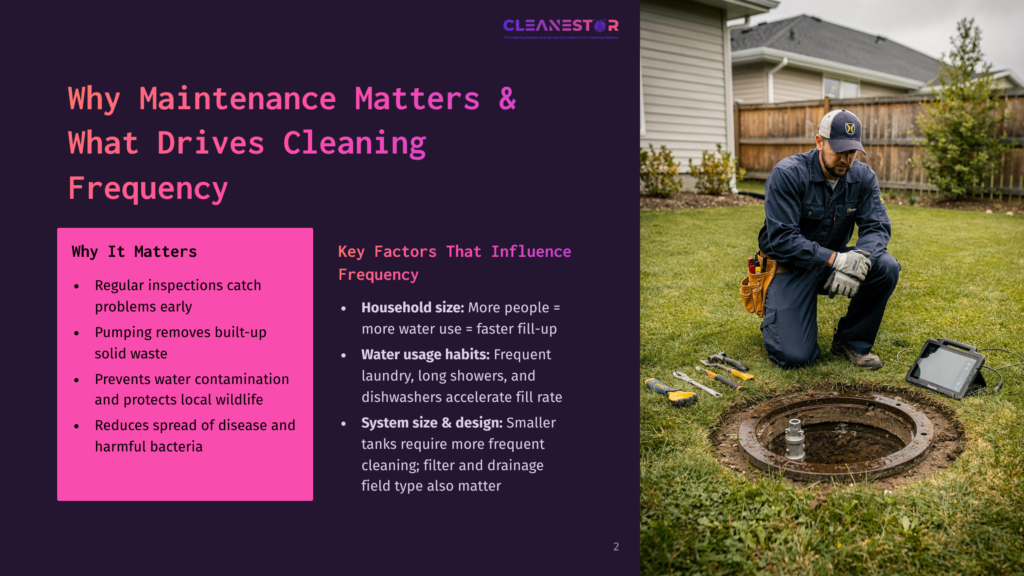 2 Why Maintenance Matters And What Drives Cleaning Frequency A Man In A Blue Uniform And Yellow Gloves Inspects A Large Septic Tank Opening In A Grassy Yard. The &Quot;Cleanestor&Quot; Logo Is Visible In The Top Center Of The Slide.