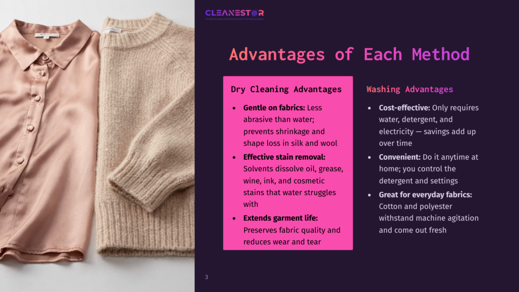 3 Advantages Of Each Method A Pink Silk Blouse And A Beige Knit Sweater Are Neatly Folded Side-By-Side On A Dark Background, With The Cleanestor Logo And Text About Dry Cleaning Advantages Visible In The Upper Right Corner.