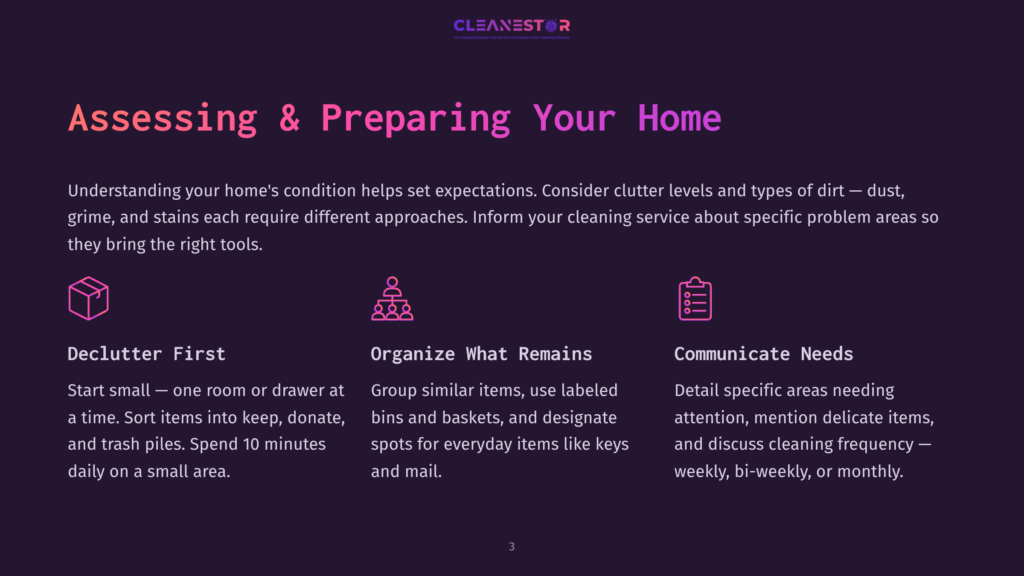 Illustration Detailing How To Assess And Prepare A Home For Cleaning Services, With Icons For Decluttering, Organizing, And Communicating Needs. Text Includes &Quot;Assessing &Amp; Preparing Your Home,&Quot; &Quot;Declutter First,&Quot; &Quot;Organize What Remains,&Quot; And &Quot;Communicate Needs.