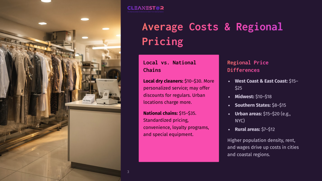 A Dry Cleaning Counter With Clothes On Racks And A Sign That Says &Quot;Dry Cleaning.&Quot; A Presentation Slide With Text About &Quot;Average Costs &Amp; Regional Pricing Differences&Quot; For Local Vs. National Chains Is Visible.