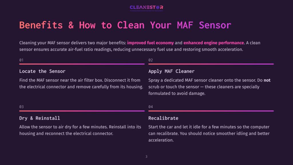 Infographic Detailing The Benefits And Steps Of Cleaning A Maf Sensor, Featuring Numbered Steps: Locate The Sensor, Apply Maf Cleaner, Dry &Amp; Reinstall, And Recalibrate. The Text Highlights Improved Fuel Economy And Engine Performance.