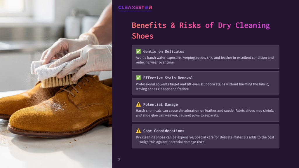 Close-Up Of Hands In White Gloves Gently Cleaning A Tan Suede Shoe With A Brush And Cloth, With White Cleaning Powder Visible On The Shoe. The Background Shows Text &Quot;Cleanestor&Quot; And &Quot;Benefits &Amp; Risks Of Dry Cleaning Shoes&Quot;.