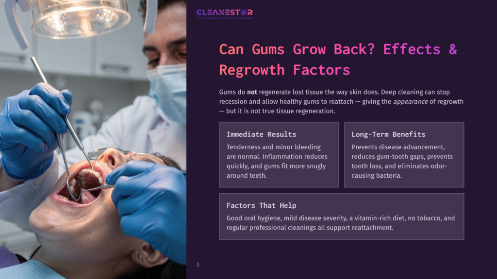 3 Can Gums Grow Back Effects And Regrowth Factors Dentist In Mask And Gloves Performs Deep Cleaning On A Patient'S Teeth, Showing A Close-Up Of The Mouth And Dental Instruments. Text Overlay: &Quot;Can Gums Grow Back? Effects &Amp; Regrowth Factors.