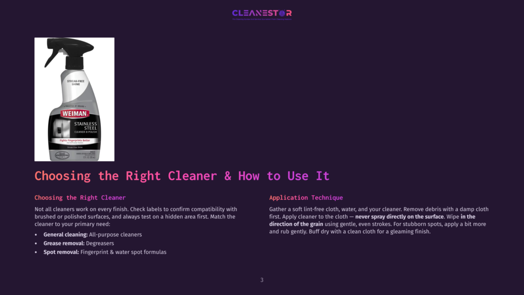 A Bottle Of Weiman Stainless Steel Cleaner &Amp; Polish, Designed For Cleaning And Polishing Stainless Steel Surfaces, Sits On A Dark Background With Text About Choosing The Right Cleaner And Application Techniques.