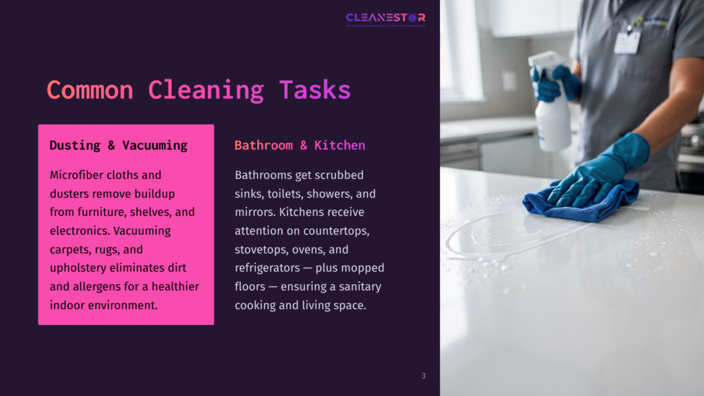 A Person Wearing Blue Gloves Wipes A White Countertop With A Blue Microfiber Cloth, Leaving A Wet Streak. The Image Highlights Common Cleaning Tasks For Kitchens And Bathrooms.