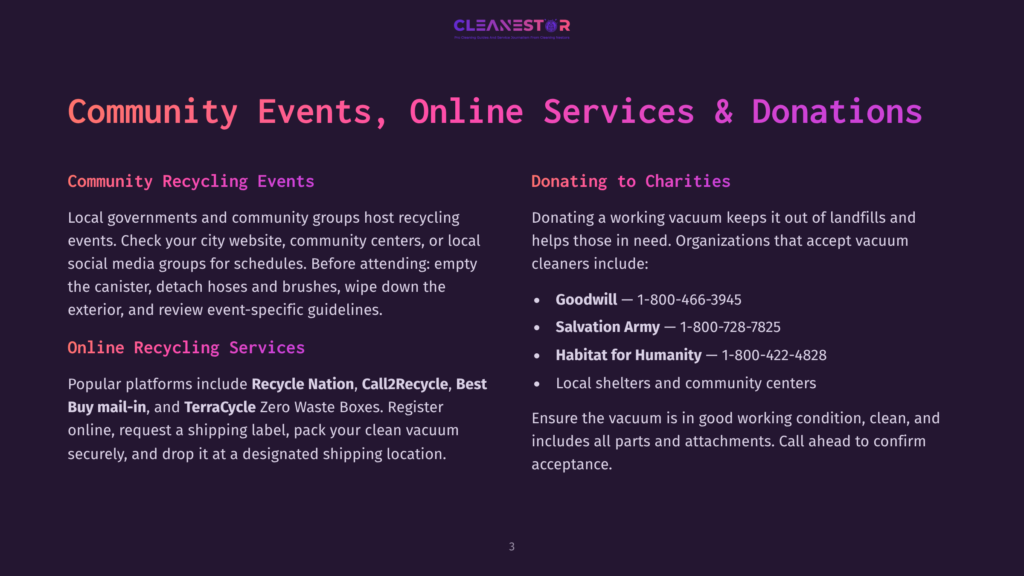 Graphic With Text &Quot;Cleanestor&Quot; And &Quot;Community Events, Online Services &Amp; Donations.&Quot; Sections Detail Community Recycling Events And Donating Vacuums To Charities Like Goodwill And Habitat For Humanity.