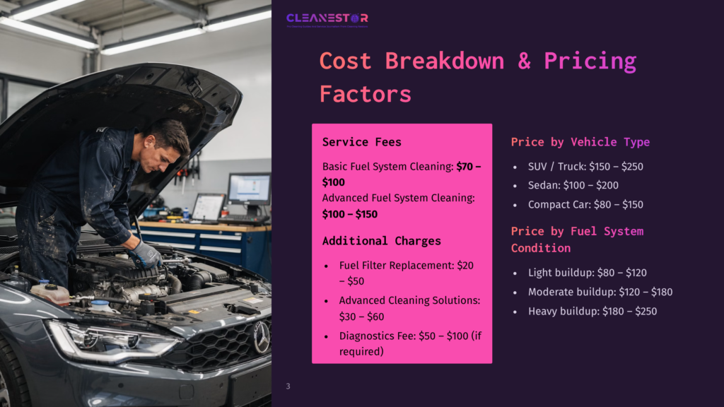 Mechanic Working On A Car Engine Under The Hood, With A Pricing Chart For Car Cleaning Services Displayed To The Right, Featuring &Quot;Cleanestor&Quot; Logo.