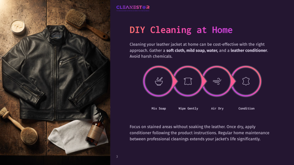 Diy Cleaning For A Black Leather Jacket At Home: A Soft Cloth, Mild Soap, Water, And Leather Conditioner Are Shown, With Illustrated Steps For Mixing, Wiping, Air Drying, And Conditioning.