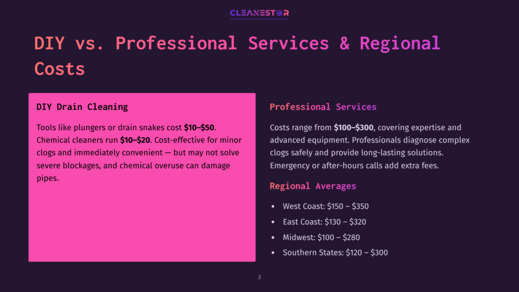 Infographic Comparing Diy Drain Cleaning Costs ($10-$50 For Tools, $10-$20 For Chemicals) With Professional Services ($100-$300) And Regional Averages, Highlighting Diy As Cost-Effective But With Potential Risks.