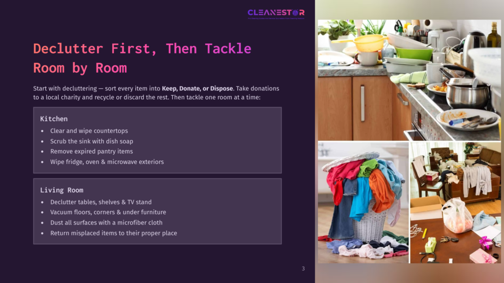 A Split Image Shows A Cluttered Kitchen Counter With Dirty Dishes And A Messy Living Room With A Laundry Basket Overflowing With Clothes, Illustrating Decluttering Tips.