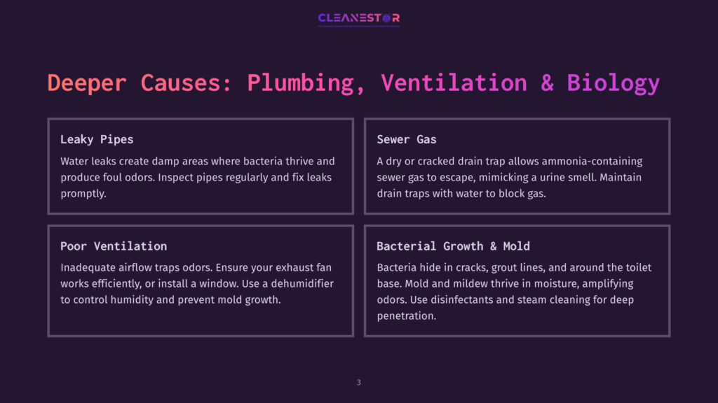 3 Deeper Causes Plumbing Ventilation And Biology Infographic Detailing Deeper Causes Of Odor: Leaky Pipes, Poor Ventilation, Sewer Gas, And Bacterial Growth &Amp; Mold. Text Explains How Each Contributes To Unpleasant Smells.