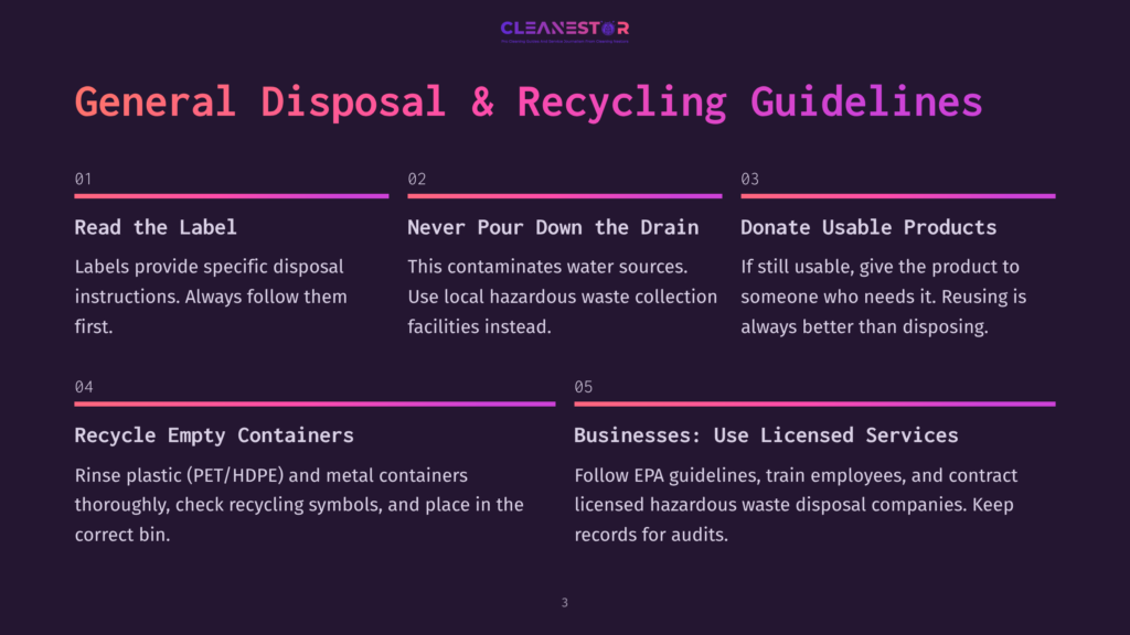 A Dark Purple Background With The Cleanestar Logo At The Top And The Title &Quot;General Disposal &Amp; Recycling Guidelines&Quot; In Large White Text. Below Are Six Numbered Sections With Headings And Bullet Points Detailing Disposal And Recycling Rules.