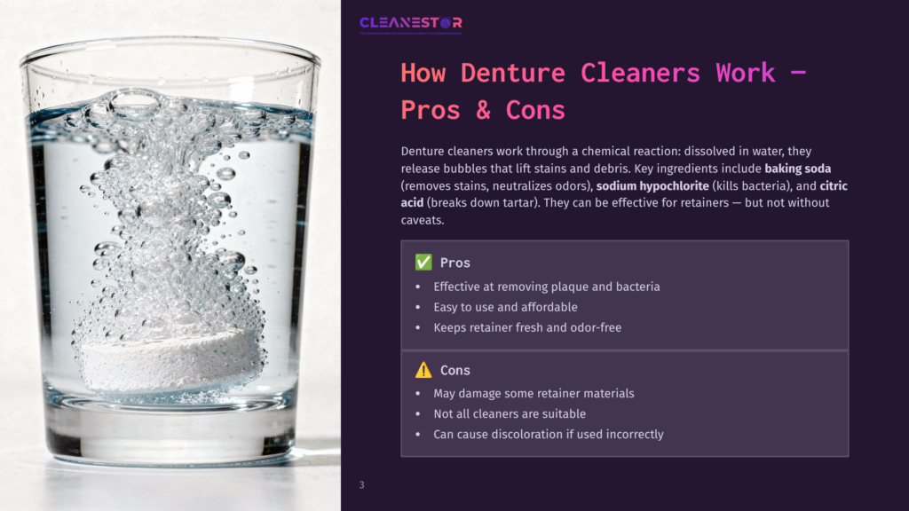 A White Denture Cleaning Tablet Fizzes Vigorously In A Clear Glass Of Water, Releasing A Cascade Of Bubbles. The Text &Quot;Cleanestor&Quot; And &Quot;How Denture Cleaners Work&Quot; Are Visible On The Dark Purple Background.