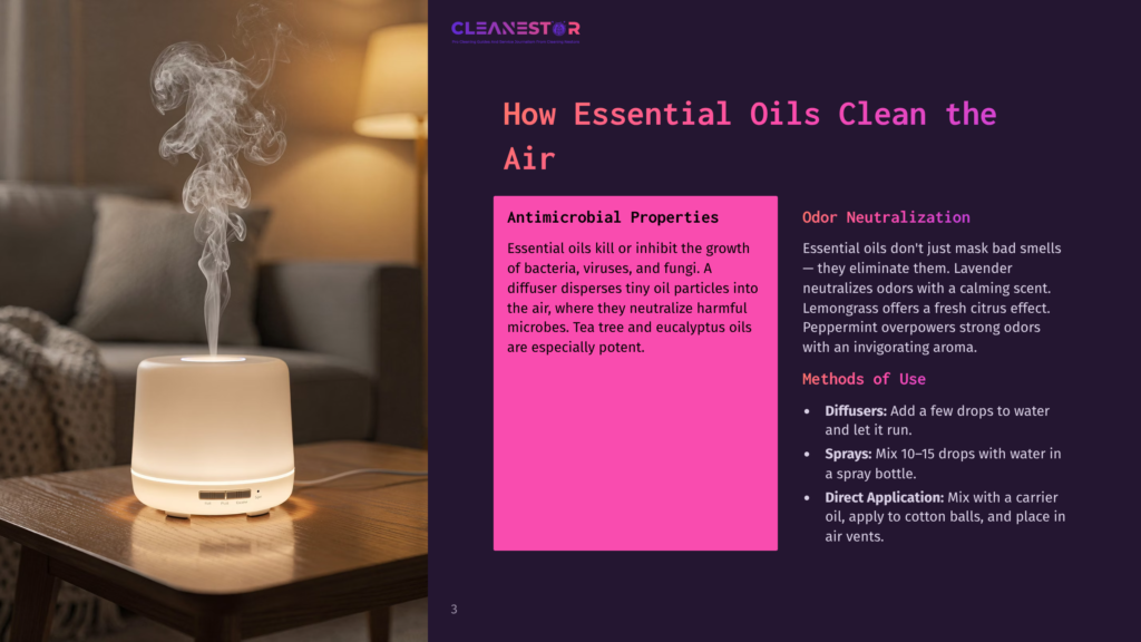A White Essential Oil Diffuser Emits A Stream Of White Steam Into A Dimly Lit Room, Creating A Calming Ambiance On A Wooden Table Next To A Sofa.