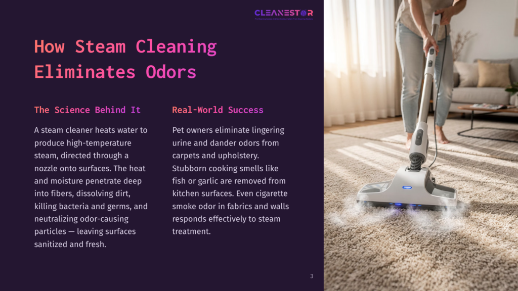 A Person Uses A Steam Cleaner On A Plush Carpet, With Steam Rising From The Nozzle. The Text &Quot;How Steam Cleaning Eliminates Odors&Quot; Is Visible.
