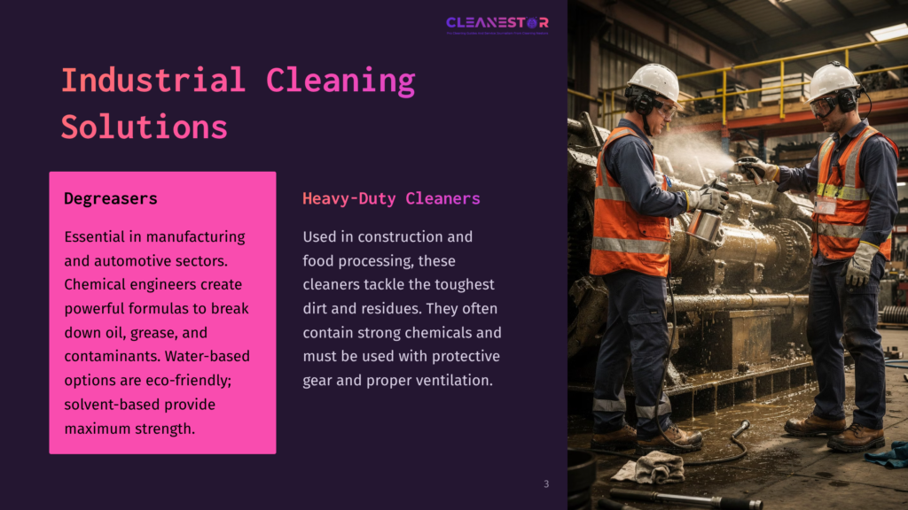 Two Men In Hard Hats And Safety Vests Use High-Pressure Sprayers To Clean Industrial Machinery. The Image Highlights Industrial Cleaning Solutions, With Text About Degreasers And Heavy-Duty Cleaners.