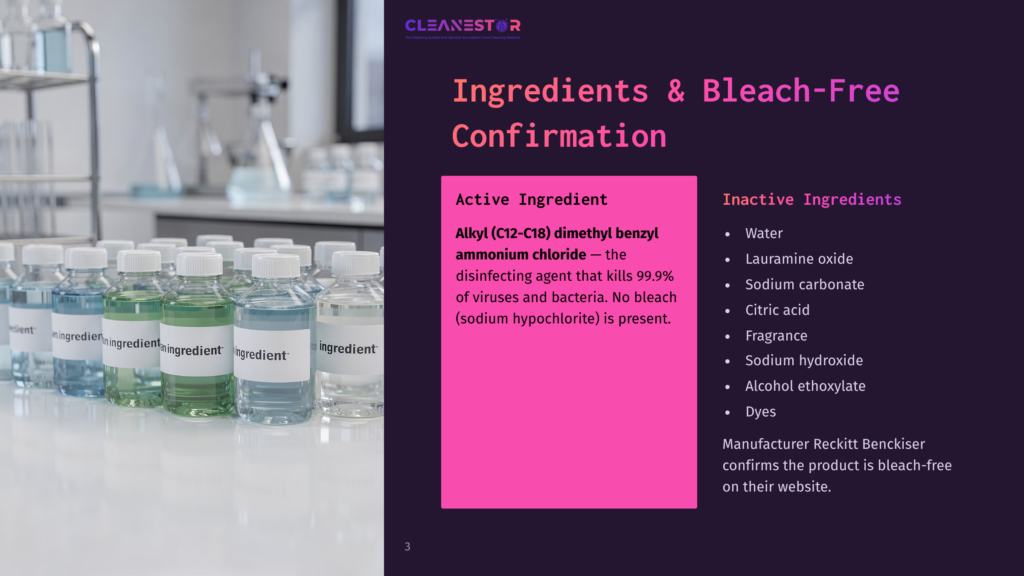 3 Ingredients And Bleach Free Confirmation A Laboratory Shelf Holds Rows Of Small Glass Bottles Filled With Colorful Liquids, Some Labeled &Quot;Ingredient.&Quot; To The Right, A Slide Displays &Quot;Cleanestor&Quot; Logo And &Quot;Ingredients &Amp; Bleach-Free Confirmation&Quot; With Active And Inactive Ingredient Lists.