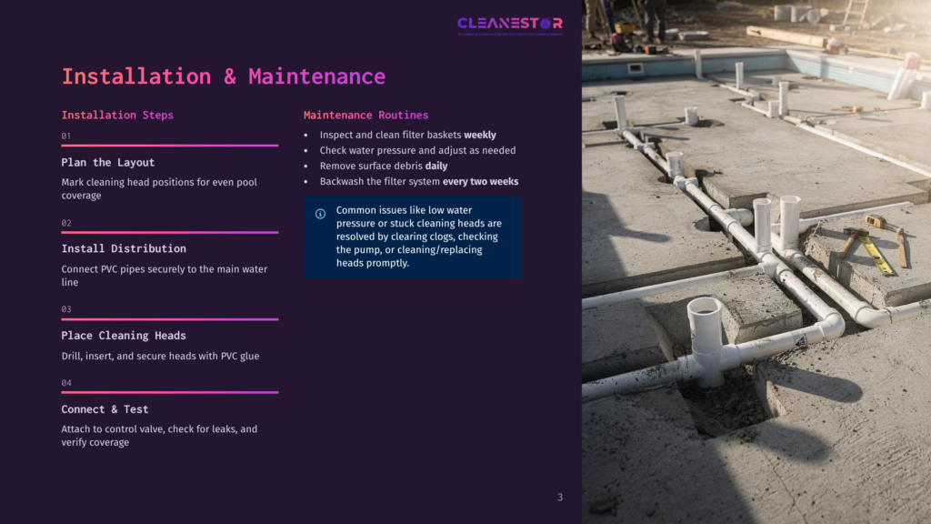 3 Installation And Maintenance 1 Pool Installation And Maintenance Guide With Steps For Planning Layout, Installing Distribution, Cleaning Heads, And Testing. Text Includes &Quot;Cleanestor&Quot; Logo.
