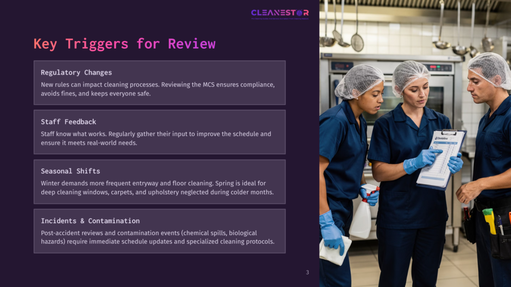 3 Key Triggers For Review Three Cleaning Professionals In Blue Uniforms And Hairnets Review A Checklist On A Clipboard In A Commercial Kitchen. The Text &Quot;Cleanestor&Quot; Is Visible.
