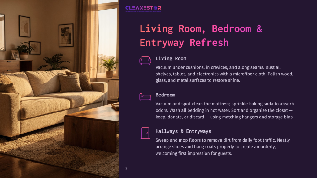 Cleanestor Logo And Text: &Quot;Living Room, Bedroom &Amp; Entryway Refresh.&Quot; A Cozy Living Room With A Large Sectional Sofa, Coffee Table, And Plants, Bathed In Warm Light.