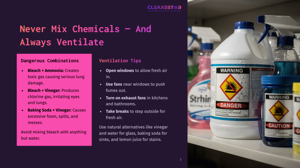 A Close-Up Of Cleaning Supplies, Including Bottles Of Bleach And Other Chemicals, With Warning Labels Prominently Displayed. The Text &Quot;Never Mix Chemicals - And Always Ventilate&Quot; Is Visible On A Pink Overlay On The Left.