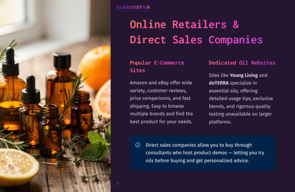 3 Online Retailers And Direct Sales Companies Amber Glass Essential Oil Bottles And Citrus Fruits On A Rustic Wooden Surface, With A Light Background. The Text &Quot;Cleanestor&Quot; Is Visible At The Top.