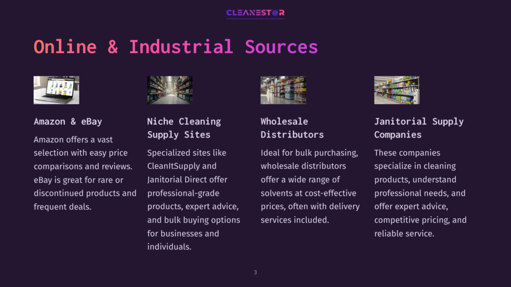 Online And Industrial Sources: Amazon &Amp; Ebay, Niche Cleaning Supply Sites, Wholesale Distributors, Janitorial Supply Companies. Text Overlays Describe Online And Industrial Cleaning Supply Sources.