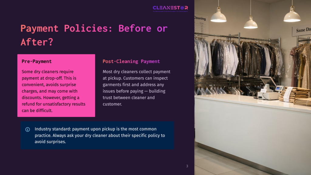 3 Payment Policies Before Or After Cleanestor Dry Cleaning Payment Policies: Pre-Payment And Post-Cleaning Payment. The Image Shows A Clean, Modern Dry Cleaner With Clothes On Hangers And A Price List.