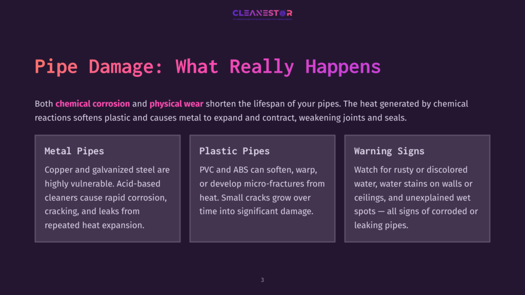 A Dark Purple Background With A Title &Quot;Pipe Damage: What Really Happens&Quot; In Large, Bold White And Pink Text. Below The Title, Text Explains That Chemical Corrosion And Physical Wear Shorten Pipe Lifespan, With Three Boxes Detailing Metal Pipes, Plastic Pipes, And Warning Signs.